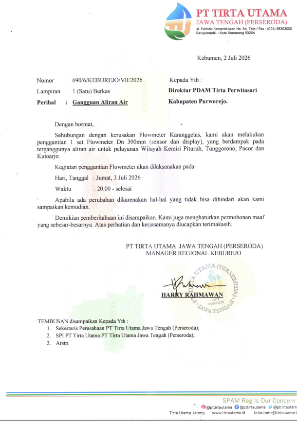 Gangguan Aliran Cab. Kemiri, Cab. Pituruh & Sebagian Wilayah Pelayanan Cab. Kutoarjo