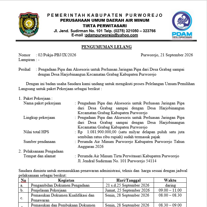 PENGUMUMAN : Lelang Pengadaan Pipa dan Aksesoris dan Pekerjaan Perluasan Jaringan